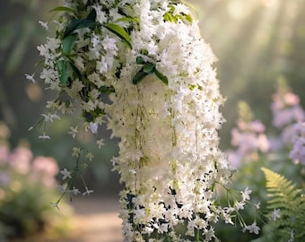 May include: A cascading cluster of small, star-shaped white flowers with delicate green stems and leaves. The blossoms hang downward in a dense, pendulous arrangement, illuminated by soft, warm light that highlights the petals and foliage.