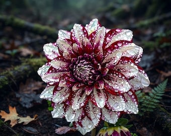 May include: A dahlia flower with layered petals featuring a deep burgundy and white variegated pattern. The petals are covered in clear water droplets, reflecting light. A smaller, partially bloomed purple flower bud sits at the base of the stem.