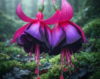 May include: Two fuchsia flowers with vibrant magenta sepals and deep purple petals. The blossoms feature long, slender pink stamens extending downward from the center, each tipped with a small, rounded pollen-bearing anther, showcasing a delicate structure.