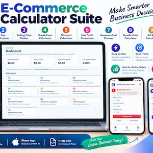 May include: A digital E-Commerce Calculator Suite displayed on a laptop screen and two smartphones. The interface features ten distinct calculators including Profit, Fee, and Break-Even tools, with a dashboard showing revenue and cost metrics.