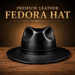Può includere: Un cappello fedora in pelle nera con corona pizzicata e tesa larga. Il testo PREMIUM LEATHER FEDORA HAT è visualizzato in lettere dorate sopra il cappello. Il cappello presenta una finitura liscia e una fascia nera abbinata alla base.
