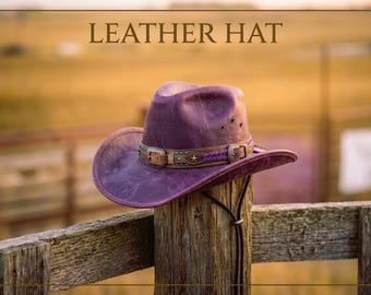 Handmade Purple Leather Cowboy Hat, Turquoise Studded Band, Western Ranch Style