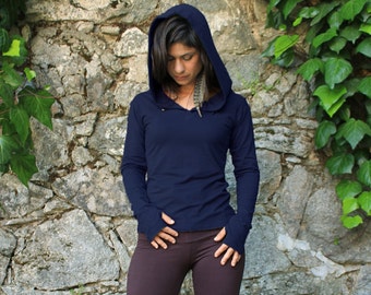 Sudadera élfica para mujer - Sudadera con capucha estilo duende - Sudadera con capucha tipo jersey - Ropa para mujer - Manga larga para yoga - Manga larga estilo hippie - Sudadera con capucha para mujer - Sudadera azul con capucha - Capucha de algodón