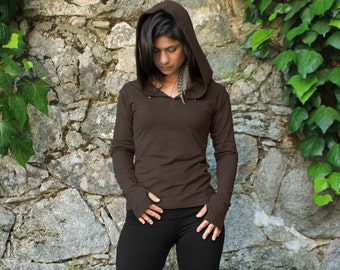 Elven Hoody-womens long sleeve-brown hoodie-hoodie-cotton tops-brown tops-goddess clothes-thumbhole top-urban chic-bohemian tops-boho hoodie