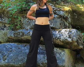 Pantalon de yoga / Ceinture rabattable / Pantalon de yoga jambe large / Pantalon cargo de yoga / Pantalon noir / Pantalon de yoga taille haute / Pantalon de yoga ample