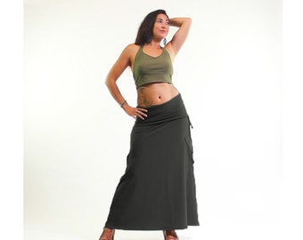 High Waist Maxi Skirt-Full Length Skirt-Yoga Cargo Skirt-Maxi Skirt-Women's Skirts-Fold Over Waist-Maxi Skirt with pockets-boho skirt women