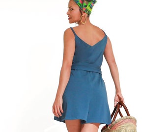 High waist romper- Summer beach wear- loose fit romper- skirt short skort- beach jumper- summer clothes- romper with sash- short jumpsuit