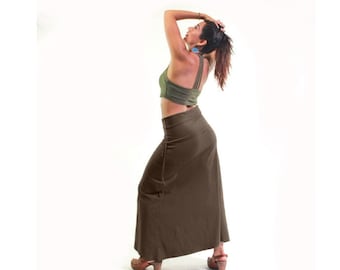 Fold Over Waist Skirt - Stretchy Cotton Skirt - Boho Skirt - Skirt with Pockets - High Waist Skirt - Brown Skirt - Yoga Cargo Skirt - Skirt