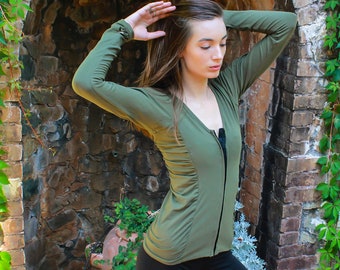 Long Sleeve Women's Shirt - V neck Long Sleeve - Thumbholes - Hook and Eye Top - Corsalette - Green Women's Long Sleeve - Boho Hippie Fest