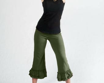 Bloomers-ruffle pants-yoga capri-sage green-ruffle capri-festival pants-california designer-wholesale pants-yoga pants-workout pants-green