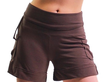 Women's Shorts - High Waisted Fold over Shorts - Yoga Cargo Shorts - Hippie Shorts - Festival dance shorts - brown shorts