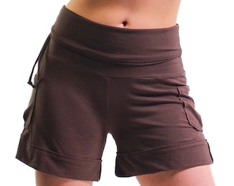 Foldover waist shorts- high waist shorts- cute brown shorts- wide waistband shorts- shorts with pocket- yoga cargo shorts- everyday shorts