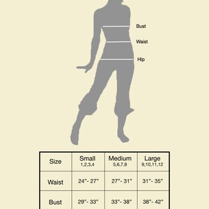 May include: Size chart for clothing with measurements in inches for small, medium, and large sizes. The chart shows measurements for waist, bust, and hip.