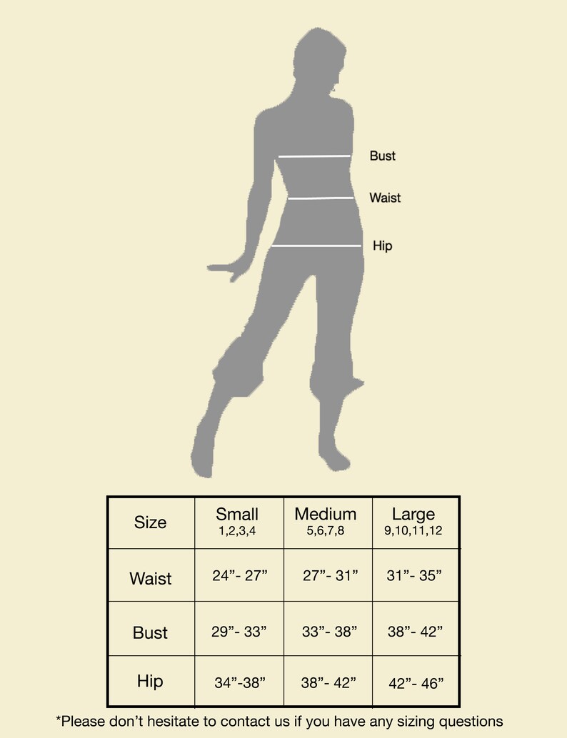 May include: Size chart for clothing with measurements in inches for small, medium, and large sizes. The chart shows measurements for waist, bust, and hip.