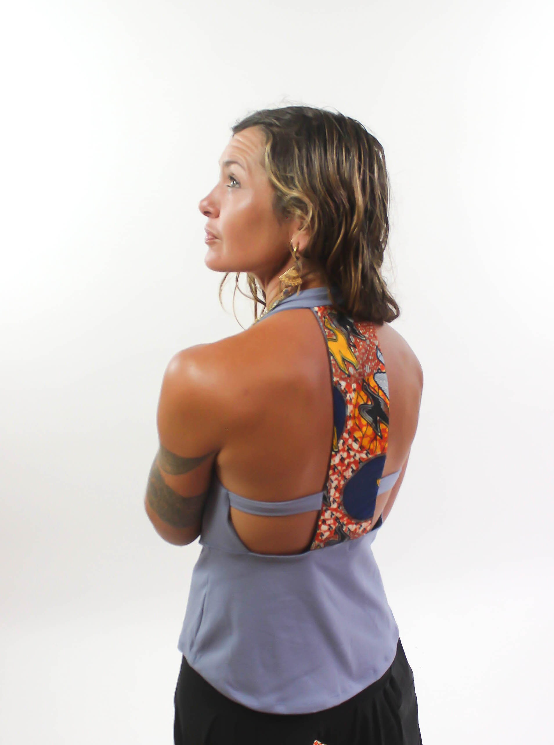 Halter Top Light Blue Backless Shirt With African Print Fabric