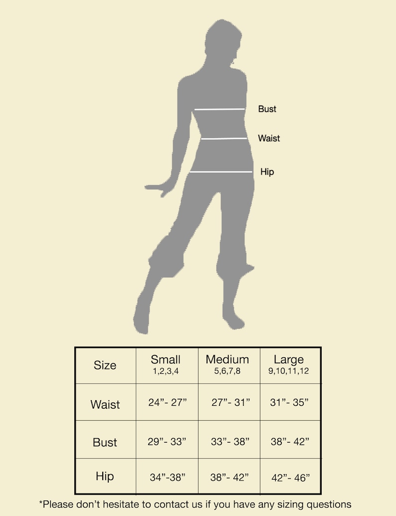 May include: Size chart for clothing with measurements in inches for small, medium, and large sizes. The chart shows measurements for waist, bust, and hip.