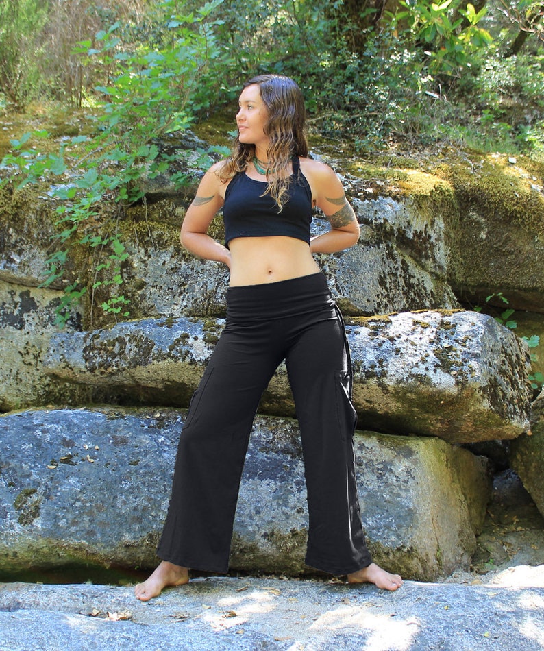 Yoga Cargo Pants-Pants and Capris-Womens Pants-Wide Leg Pants-Gray Yoga Pants-Fold over waistband-Cotton Yoga Pants-Pants with pockets-gray image 2