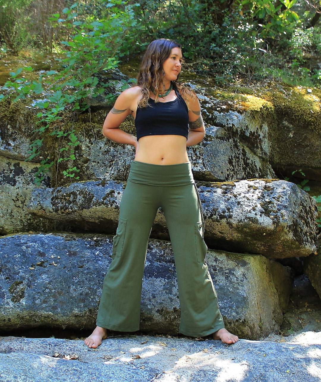 Yoga Cargo Pants-women's Pants-cargo Pants-full Length Pants-wide Leg  Pants-high Waisted Pants-fold Over Yoga Pants-green Cotton Pants-pants -   Sweden