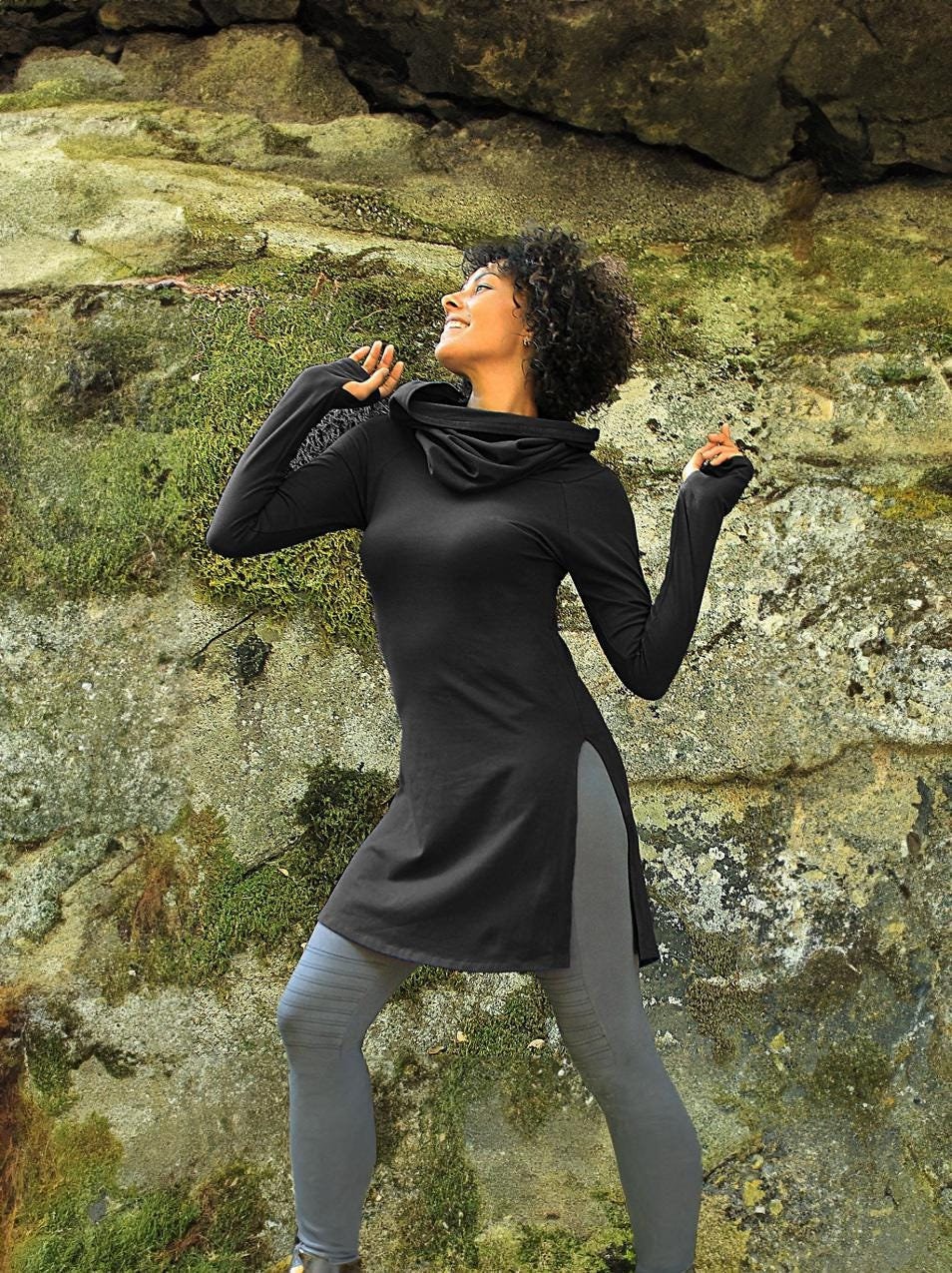 Long Black Tunic Cowl Neck Hoodie- Longsleeve Tunic With