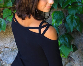 Schwarzes Langarmshirt für Damen - Dreamcatcher-Top - Damen-Langarmhemd - kalte Schulteroberteil - schwarze Trägeroberteil - schwarze Bluse - schwarze Oberteile