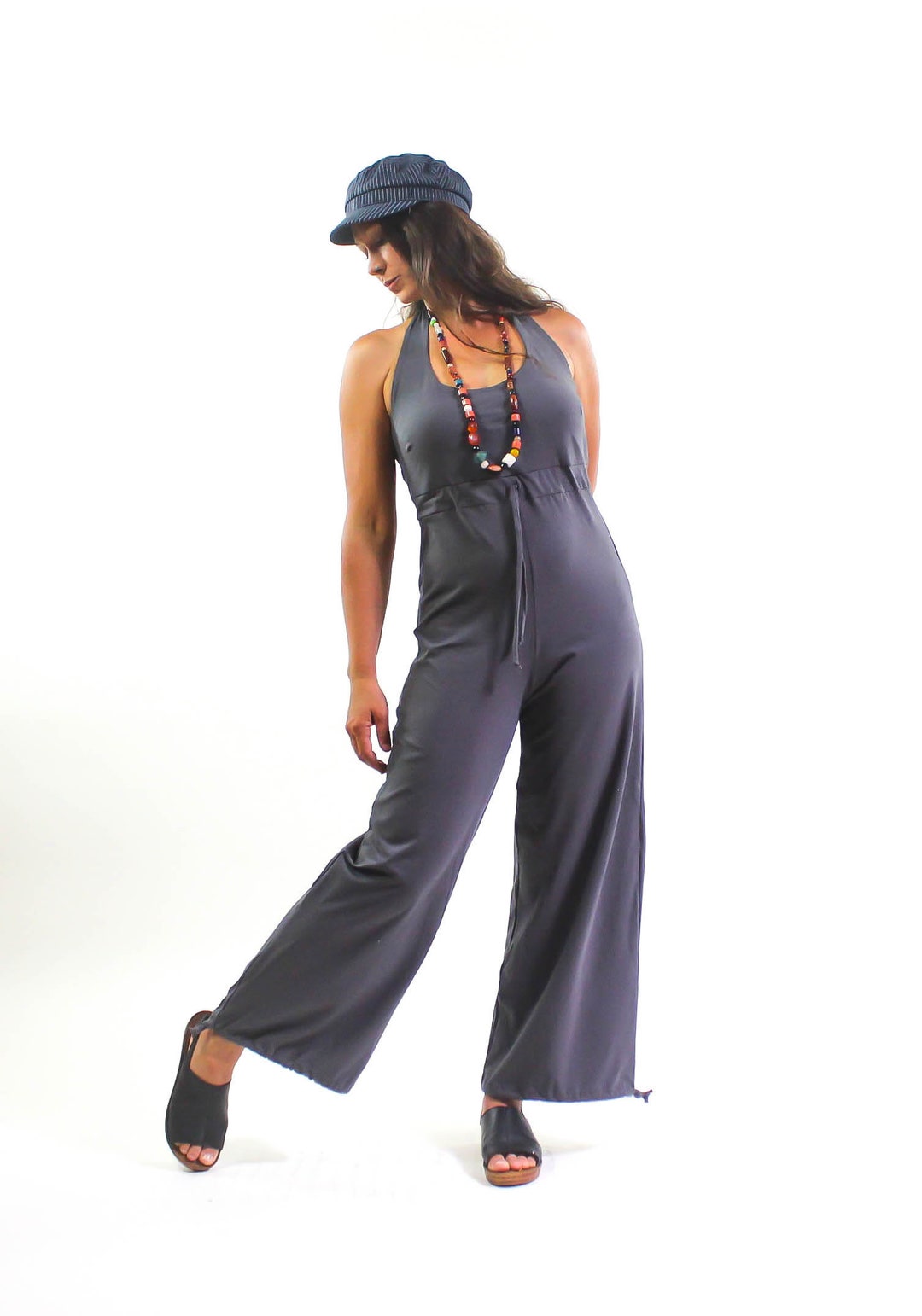 Women Dark Grey Solid High Waist Cotton Jumpsuits Summer