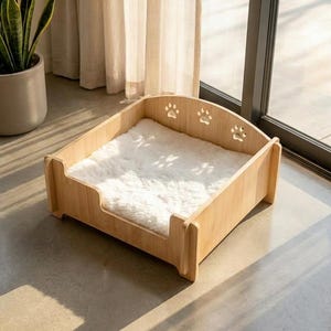 Wooden Cat & Small Dog Bed with Paw Print Cutouts | Modern Pet Furniture | Raised Wooden Pet Bed with Plush Cushion