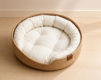 Wicker Pet Bed | Natural Cat & Small Dog Basket | Cosy Round Pet Nest with Cushion and Bolster Pillow