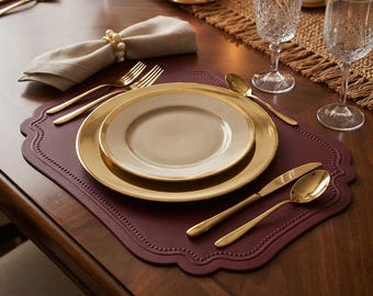 Burgundy Placemats | Vintage Frame Placemat | Wipe Clean PVC Table Mats | Rectangle Dining Mats | Elegant Table Decor | Wedding Decor