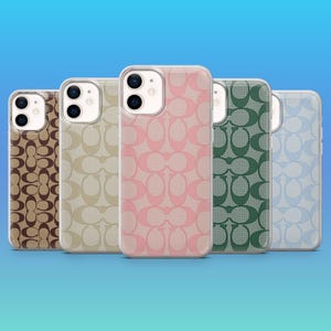 May include: Five smartphone cases arranged in a row, each featuring a repeating C-logo pattern. The cases are colored in brown, beige, pink, dark green, and light blue, all with a clear protective border and dual camera lens cutouts on the back.