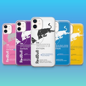 May include: A collection of five smartphone cases featuring Red Bull Energy Drink branding. Each case displays a specific edition name, including The Pink, The Purple, The White, The Sea Blue, and The Tropical Edition, with matching colours.