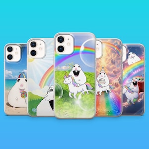 May include: Five clear phone cases featuring cartoon illustrations of a white hamster-like creature. Designs include the creature with a lollipop on a beach, riding a unicorn in a field, holding a birthday cake, and floating under rainbows.