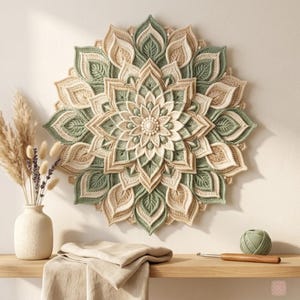 May include: A circular crochet wall hanging featuring a layered mandala design in shades of sage green, cream, and beige. The piece is composed of intricate, pointed petal-like shapes radiating from a central point with a small white bead.