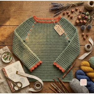 May include: A sage green long-sleeve crochet jumper featuring a scalloped orange trim along the neckline and cuffs. A beige paper tag attached to the neckline reads Harvest Sweater. The jumper has a grid-like stitch pattern throughout.