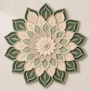 May include: A circular crochet mandala featuring layered, pointed leaf-shaped petals in shades of cream, sage green, and dark forest green. The design radiates from a central point, with each petal displaying a stitched vein detail in the center.
