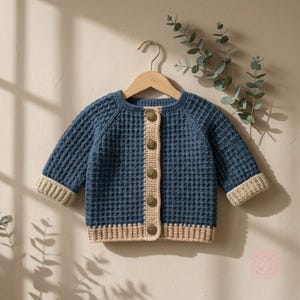 May include: A dark blue waffle-knit cardigan featuring a beige button placket, beige ribbed cuffs, and a beige ribbed hem. The garment is fastened with five round, textured metallic buttons down the centre front and hangs on a wooden hanger.
