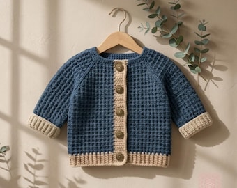Crochet Cardigan Pattern | Baby Waffle Stitch Sweater PDF (Newborn-18 Months)