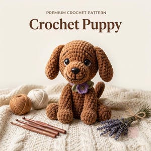 May include: A brown crochet puppy toy with dark eyes and a black nose, wearing a purple flower collar. The text reads PREMIUM CROCHET PATTERN Crochet Puppy. Included are two yarn balls and three brown crochet hooks near a sprig of dried lavender.