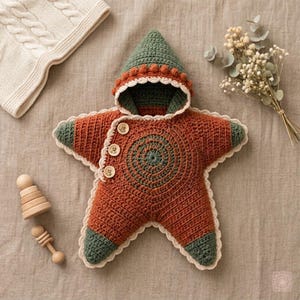 May include: A star-shaped crochet bunting bag in burnt orange and sage green with a pointed hood. The garment features a cream-colored scalloped trim, three wooden buttons along the side, and a circular textured pattern on the front chest area.