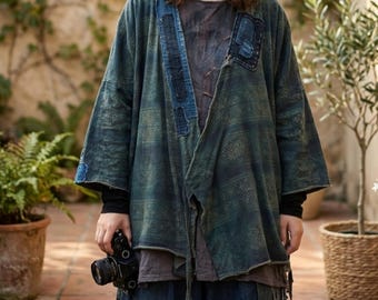Completo kimono stile Boro, giacca patchwork indaco, outfit vintage effetto invecchiato, cardigan boho giapponese e gonna a strati