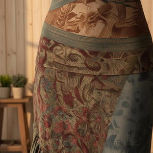 May include: A skirt featuring a multi-layered design with a wide waistband. The fabric displays a complex pattern in shades of olive green, deep red, and muted brown. A distinct diagonal panel of dark grey fabric with a subtle print is visible.