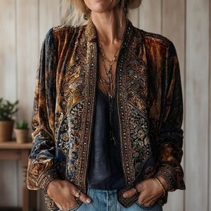 Peut inclure: Un blouson bomber en velours à manches longues dans des tons marron, doré et bleu foncé, orné d'un motif floral et géométrique complexe. La veste présente une fermeture éclair sur le devant, des poignets côtelés et un col structuré.