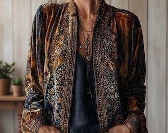Blouson aviateur en velours, manteau zippé brodé style bohème, vêtement d'extérieur ethnique vintage pour femme, style gitan