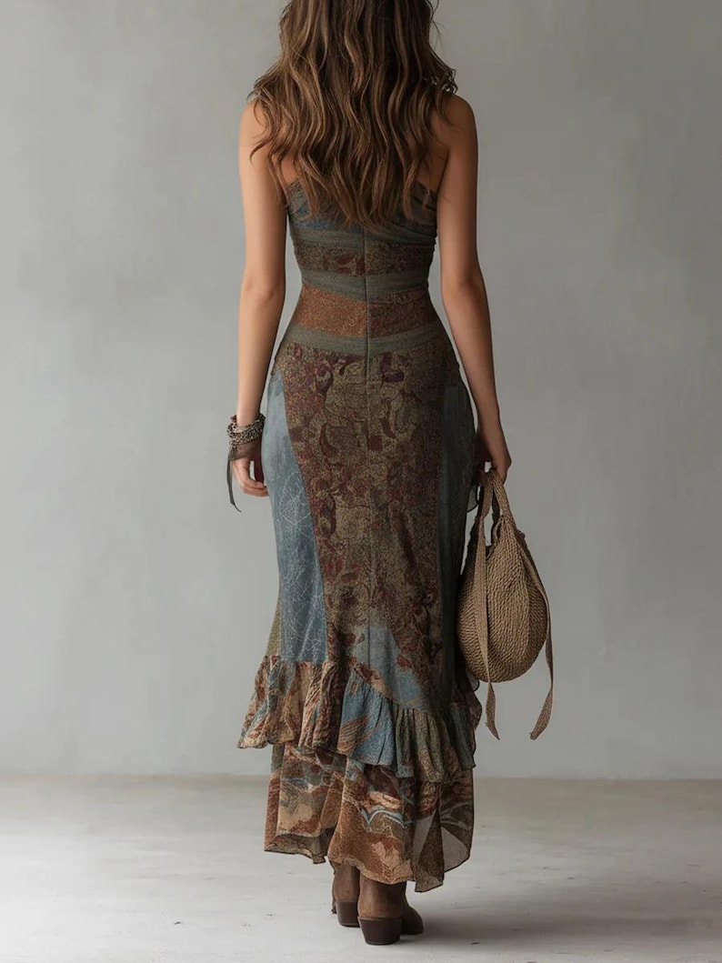 May include: A floor-length sleeveless dress featuring a mix of blue and brown paisley and floral patterns. The garment has a fitted bodice, a defined waistline, and a tiered skirt with a ruffled hem. A woven tan handbag is held at the side.