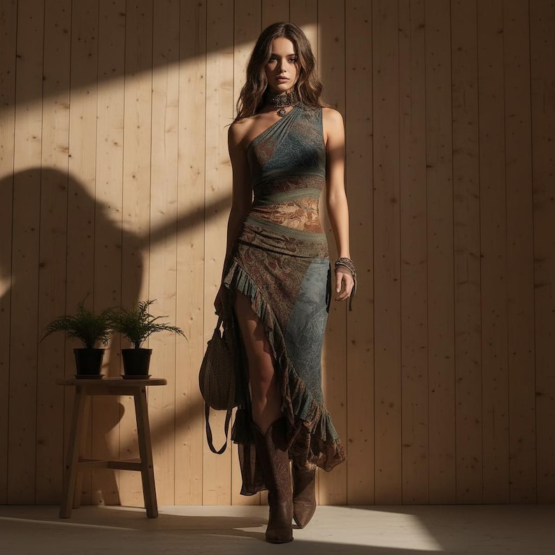 May include: An asymmetrical one-shoulder dress featuring a muted blue and brown patterned fabric with a ruffled hemline, paired with dark brown leather boots and a matching handbag, creating a layered look with a fitted bodice and flowing skirt.