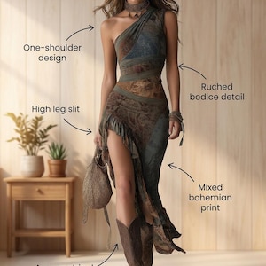May include: A one-shoulder dress featuring a ruched bodice, a mixed print, a high leg slit, and an asymmetrical ruffled hem. The dress is labelled with text indicating a one-shoulder design, ruched bodice detail, high leg slit, and mixed bohemian print.