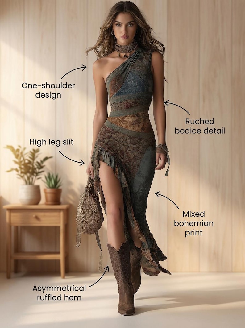 May include: A one-shoulder dress featuring a ruched bodice, a mixed print, a high leg slit, and an asymmetrical ruffled hem. The dress is labelled with text indicating a one-shoulder design, ruched bodice detail, high leg slit, and mixed bohemian print.
