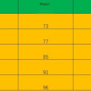 May include: A yellow size chart table with a green header row. The table includes columns for Size, Bust, Waist, Length, and Weight in grams. Rows list sizes S, M, L, XL, and XXL with corresponding numerical values for measurements and weights.