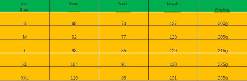 May include: A yellow size chart table with a green header row. The table includes columns for Size, Bust, Waist, Length, and Weight in grams. Rows list sizes S, M, L, XL, and XXL with corresponding numerical values for measurements and weights.