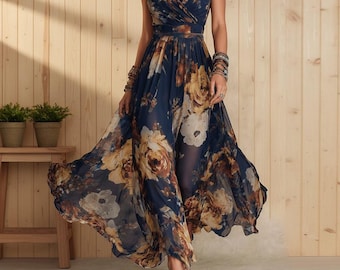 Women Floral Maxi Dress, Pleated Spaghetti Strap Polyester, Summer Party Bridesmaid Guest, Lightweight 170g