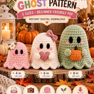 Virkmönster för spöken i PDF-format, Amigurumi-spöke i 3 storlekar, Halloween-nybörjarvänlig handledning.
